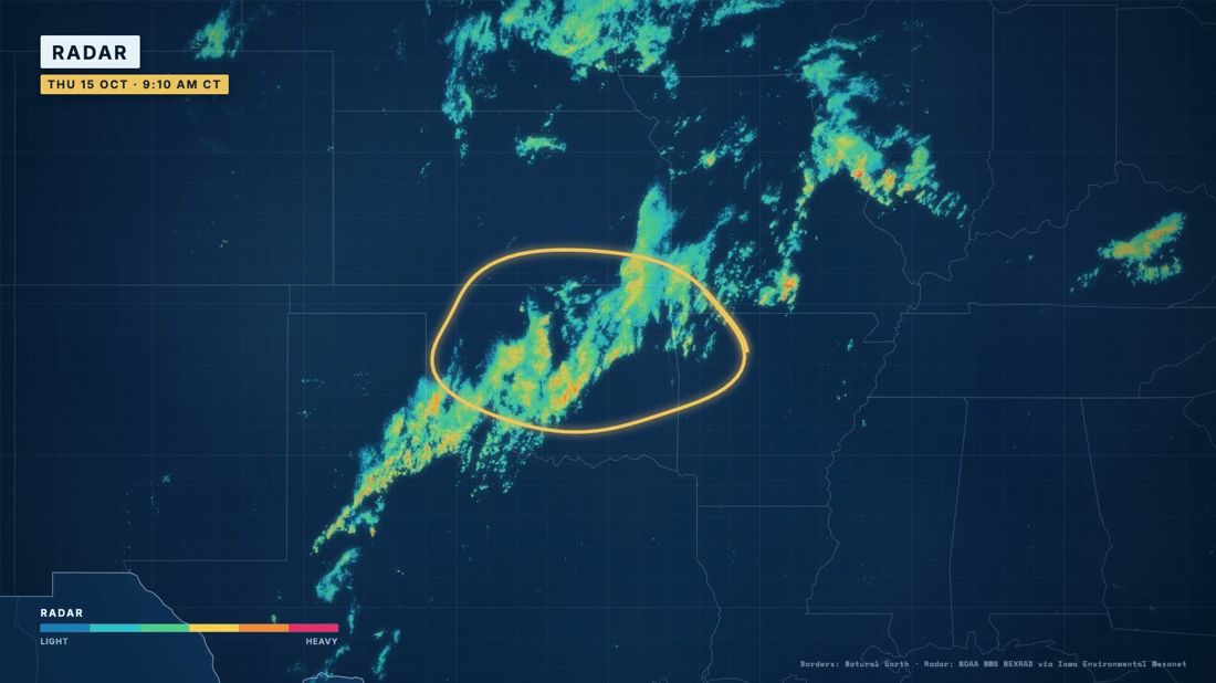 Radar loop of a line of storms with a yellow ring