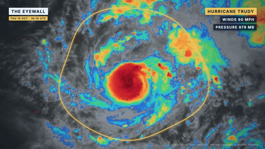 Colour-enhanced infrared image of Hurricane Trudy with its wind speed and pressure