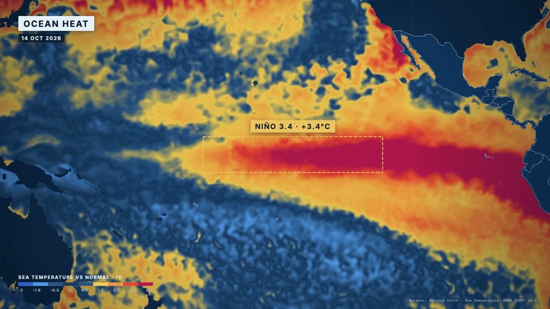 Sea surface temperature anomaly map with the Niño 3.4 box