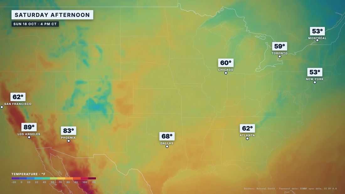 Forecast temperature map of the United States with city values